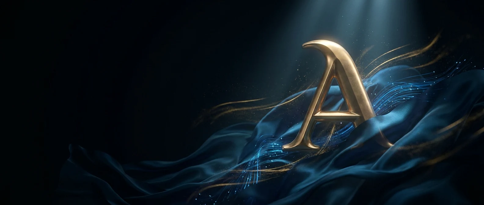A golden letter 'A' emerges from swirling blue and gold energy, representing data insights.